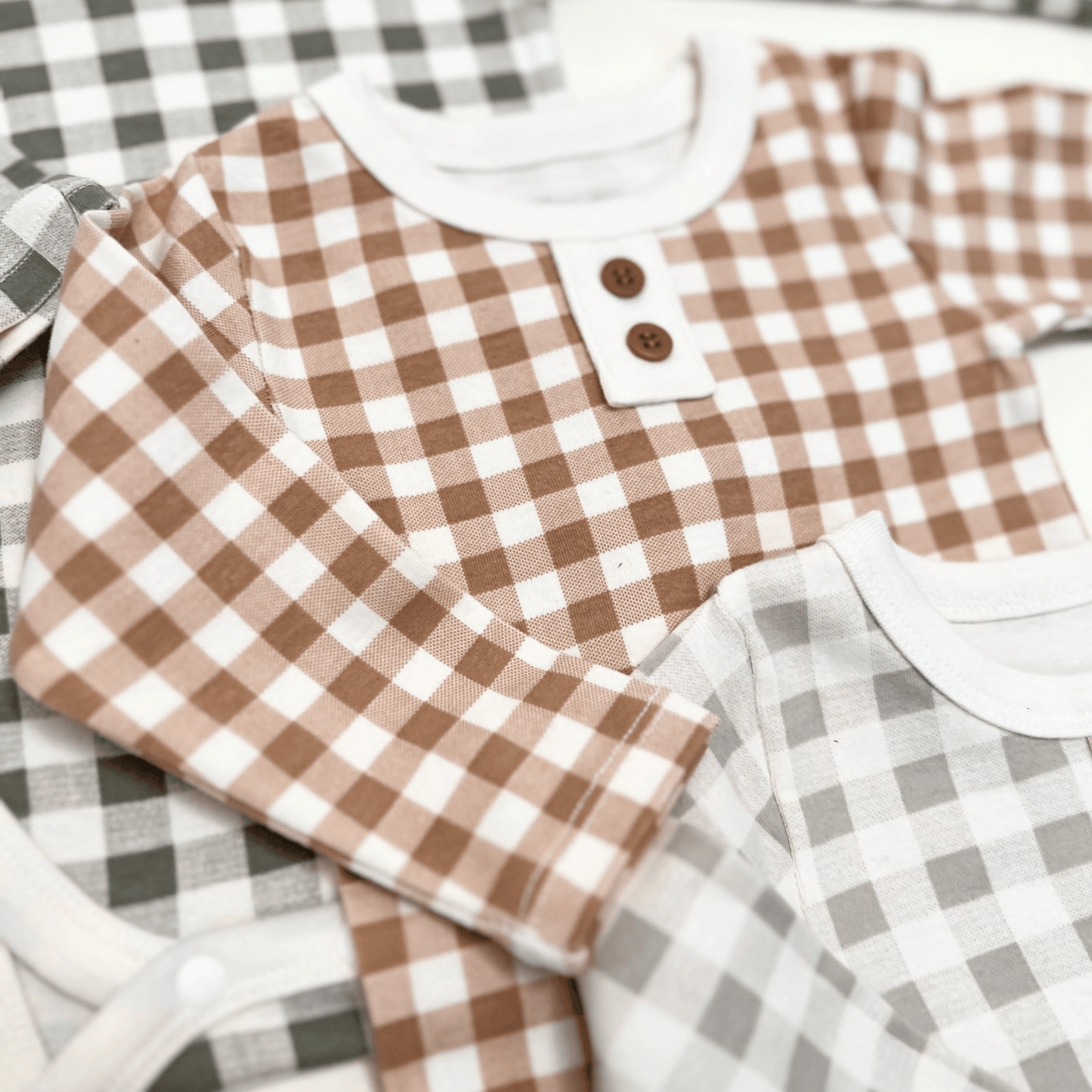 Gingham Bodysuit Two-Piece Set - Light Beige