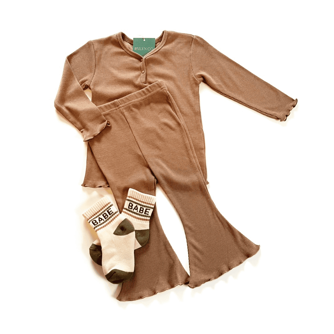 Girls Bamboo Organic Ribbed Set - Mocha