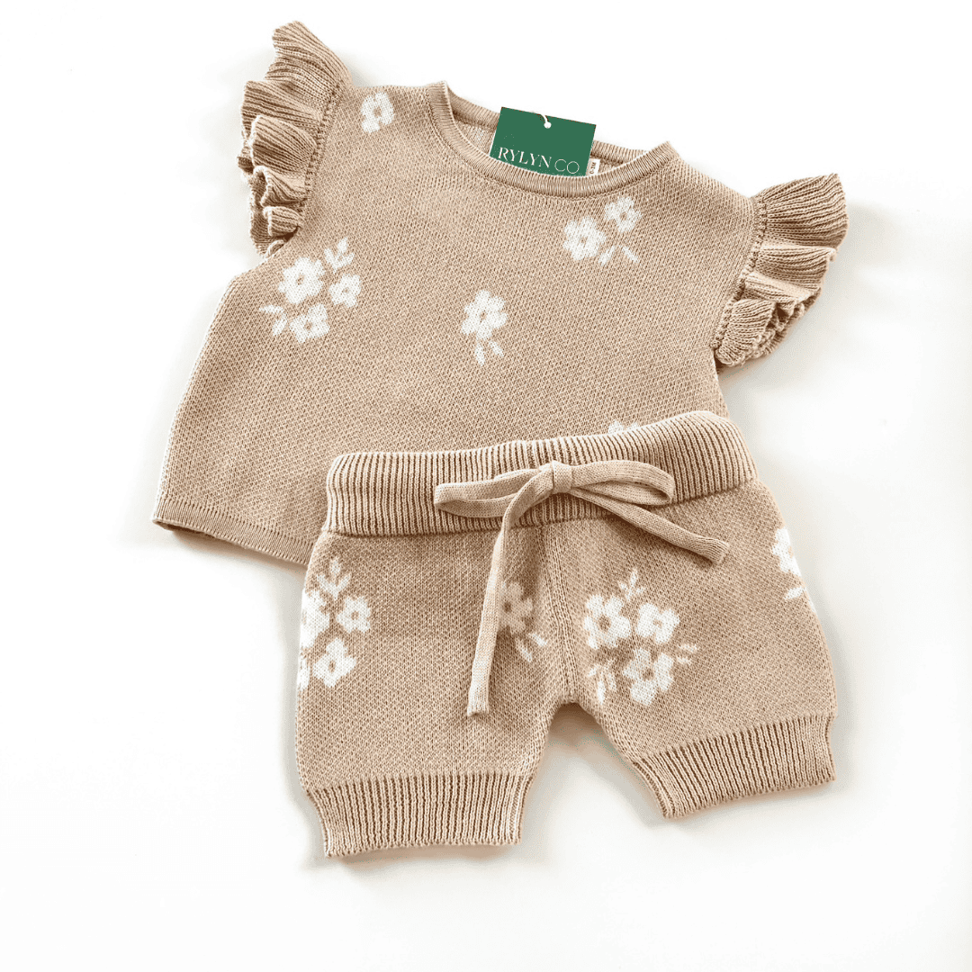 Ruffle Sleeve Organic Knit Set - Tan Floral