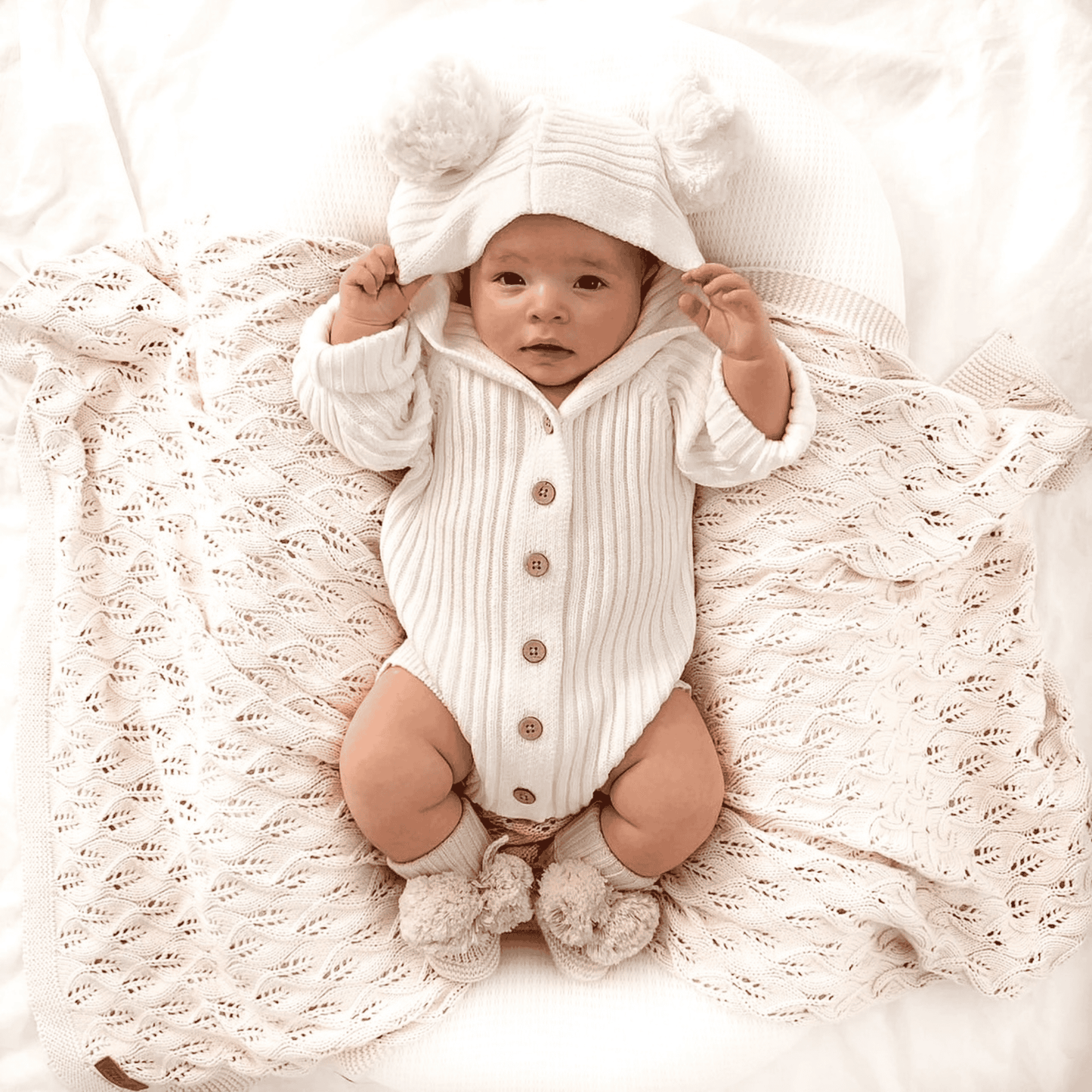 Ribbed Knit Cotton Pom Pom Romper  -  White