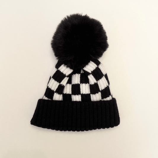 Checker Pom Beanie - Black