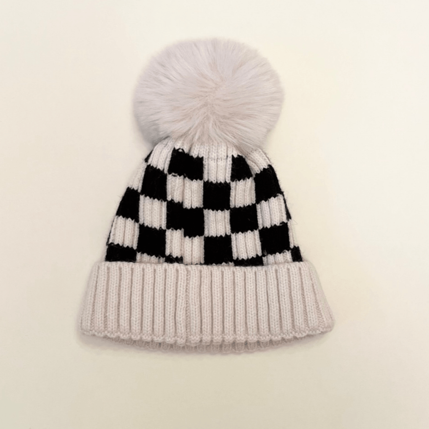 Checker Pom Beanie - Cream