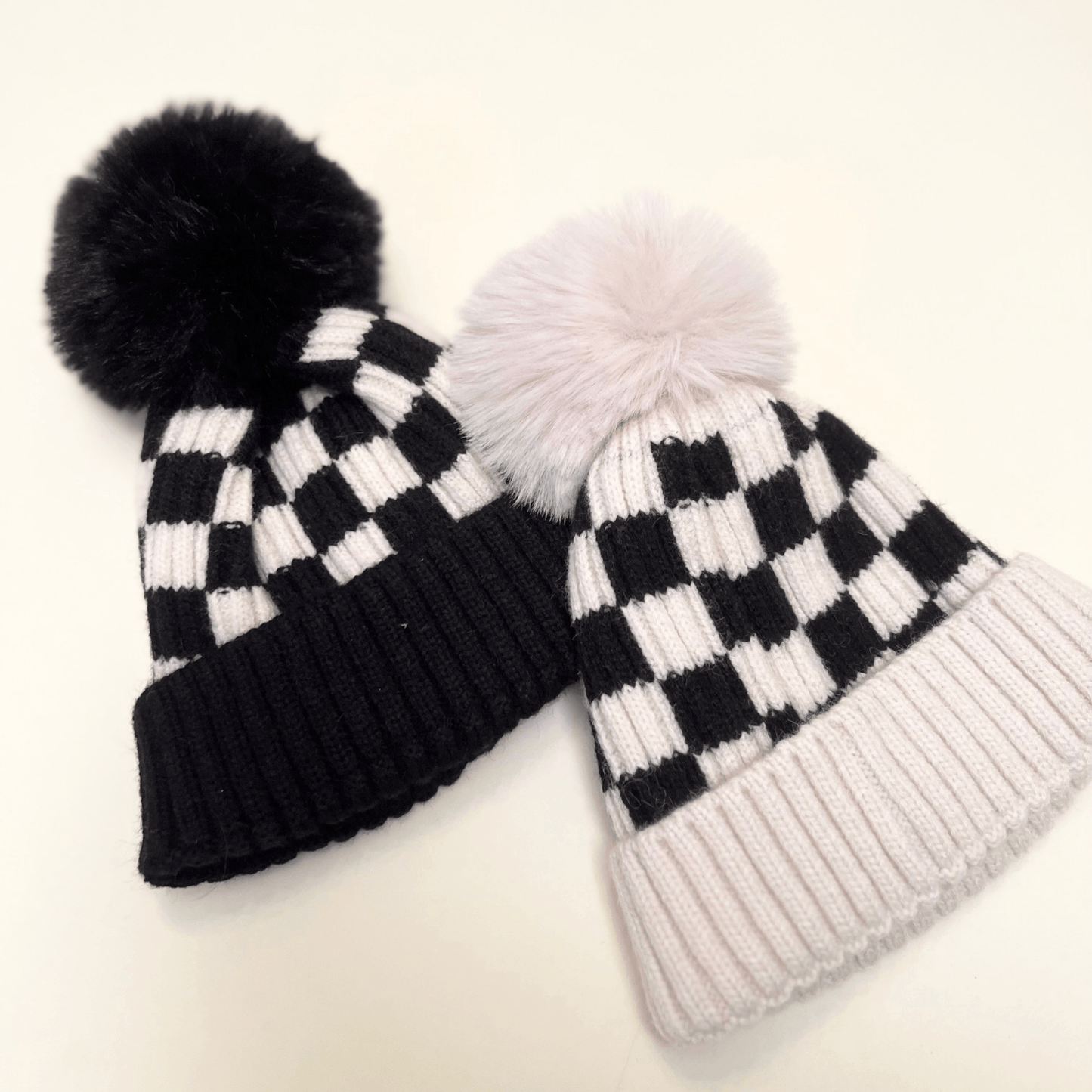 Checker Pom Beanie - Cream